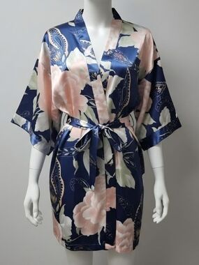 Floral Satin Kimono Robe - Navy & Blush
